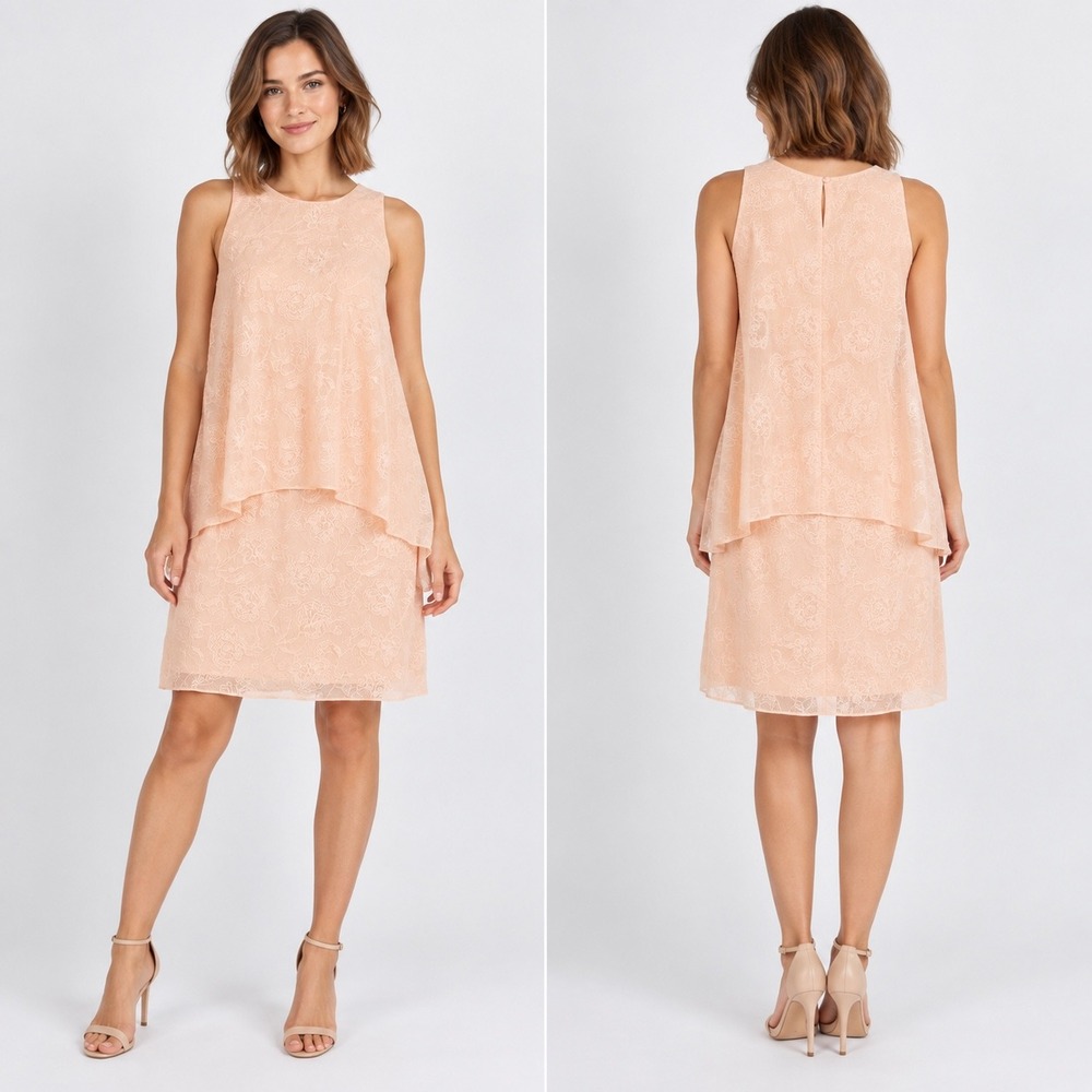 NWT Lauren Ralph Lauren Dress Womens 14 Peach Floral Lace Layered Shift Cocktail